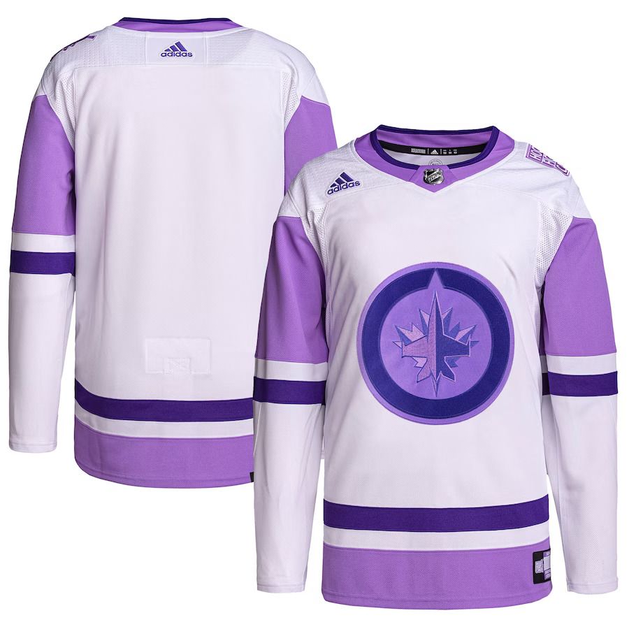 Men Winnipeg Jets adidas White Purple Hockey Fights Cancer Primegreen Authentic Blank Practice NHL Jersey